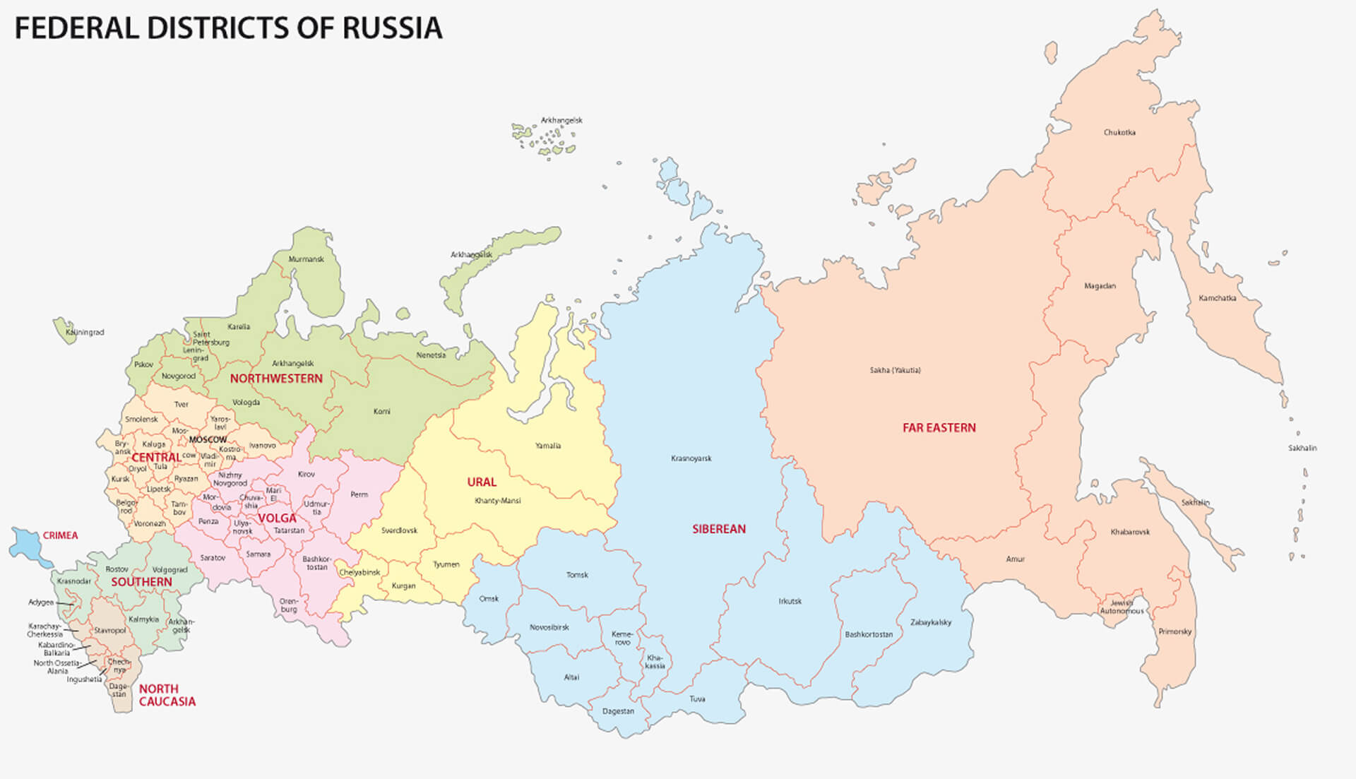 Carte des districts federaux de la Russie